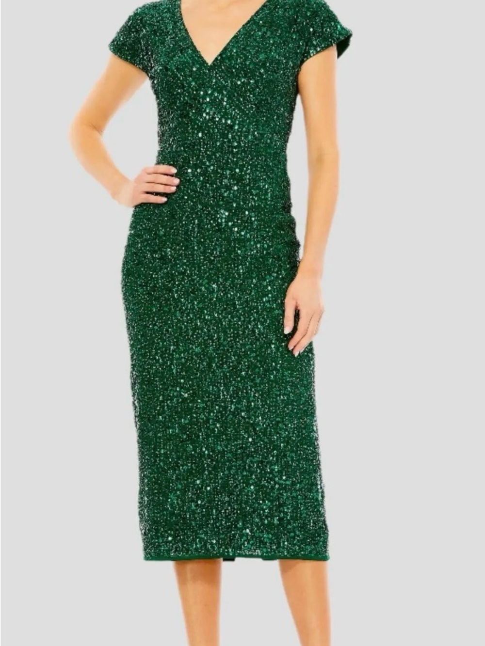 Mac Duggal Emerald Green Sequin V-Neck Midi Dress